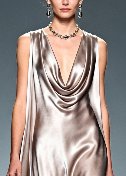 Natural Khaki Turtle Neck Silk Dresses Sleeveless