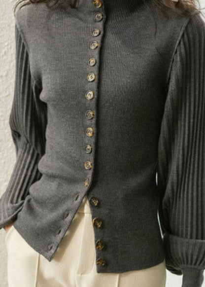 Natural Khaki Retro Button Lantern Sleeve Slim Fit Fall Sweater