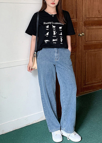 Natural Light Blue Oversized Pockets Denim Wide Leg Pants Fall