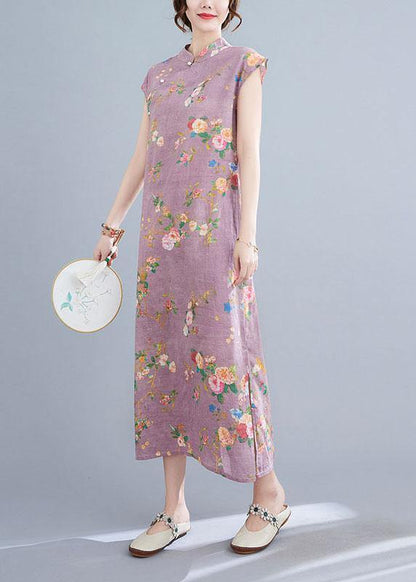 Natural Light Purple Print Button Oriental Mid Dress Summer Cotton Dress