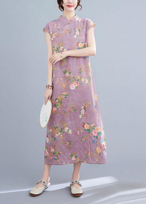 Natural Light Purple Print Button Oriental Mid Dress Summer Cotton Dress