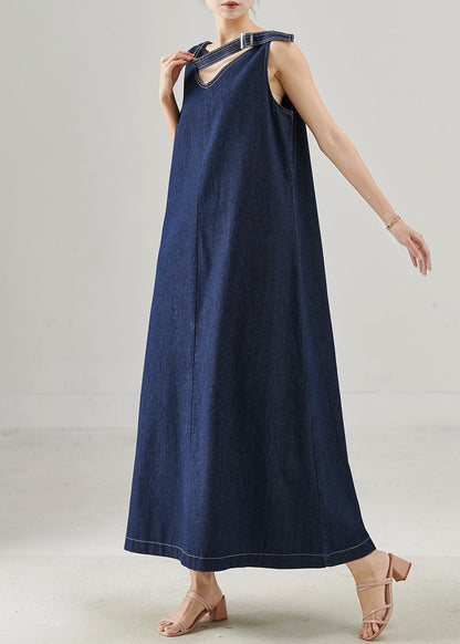 Natural Navy Oversized Denim a Line Dresses Sleeveless