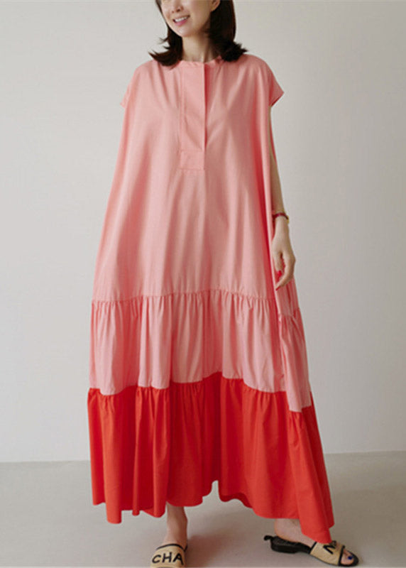 Natural O-neck Patchwork Pockets Wrinkled Cotton Long Dresses Short Sleeve