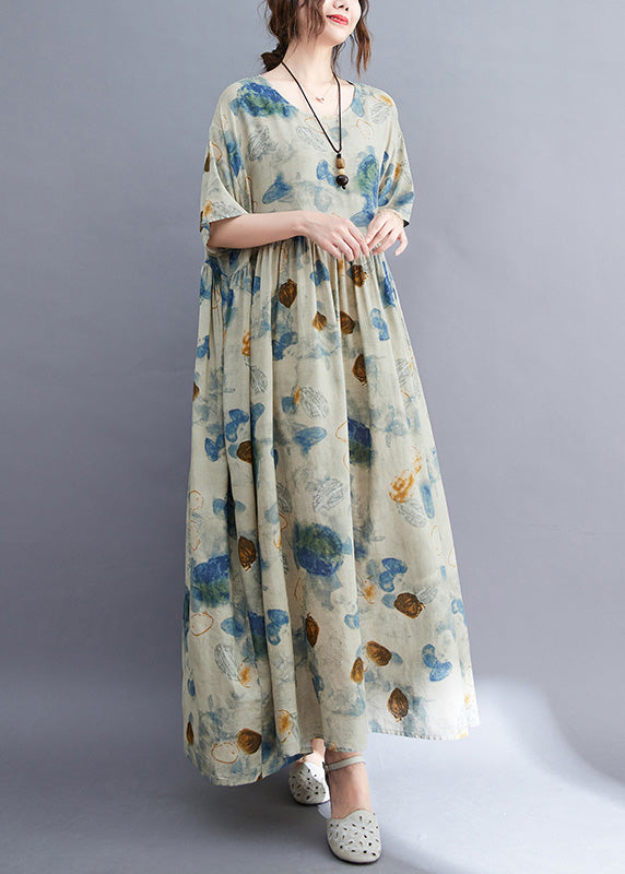 Natural O-neck Print Wrinkled Long Dress Summer