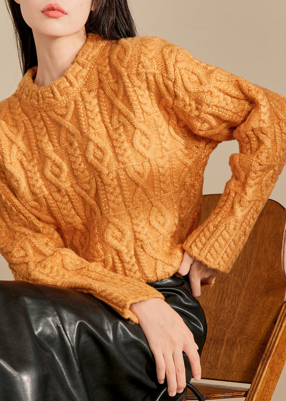 Natural Orange O-neck Cable Thick Cotton Knit Sweaters Spring