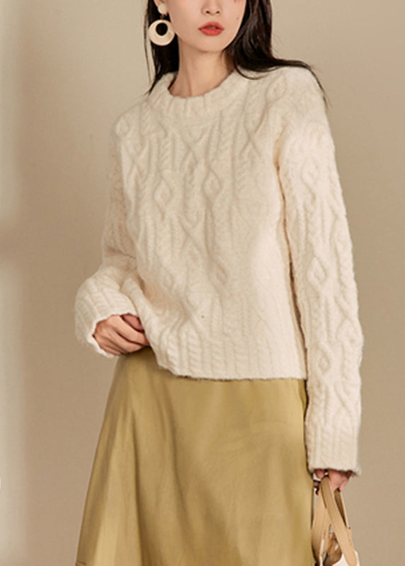 Natural Orange O-neck Cable Thick Cotton Knit Sweaters Spring