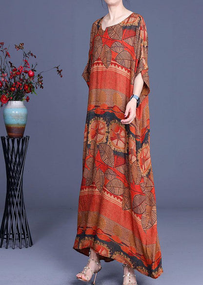 Natural Orange Print O-neck Asymmetrical Design Summer Silk Maxi Dresses