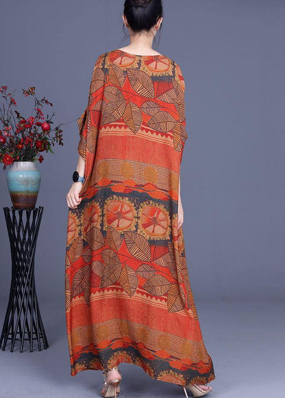 Natural Orange Print O-neck Asymmetrical Design Summer Silk Maxi Dresses