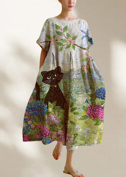 Natural Oversized Cats Print Cotton Long Dress Summer
