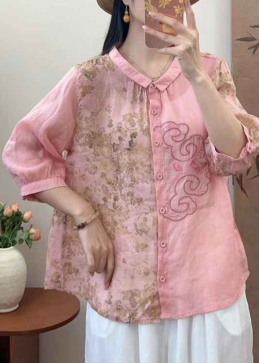 Natural Pink O-neck Embroidered Patchwork Print Linen Top Spring