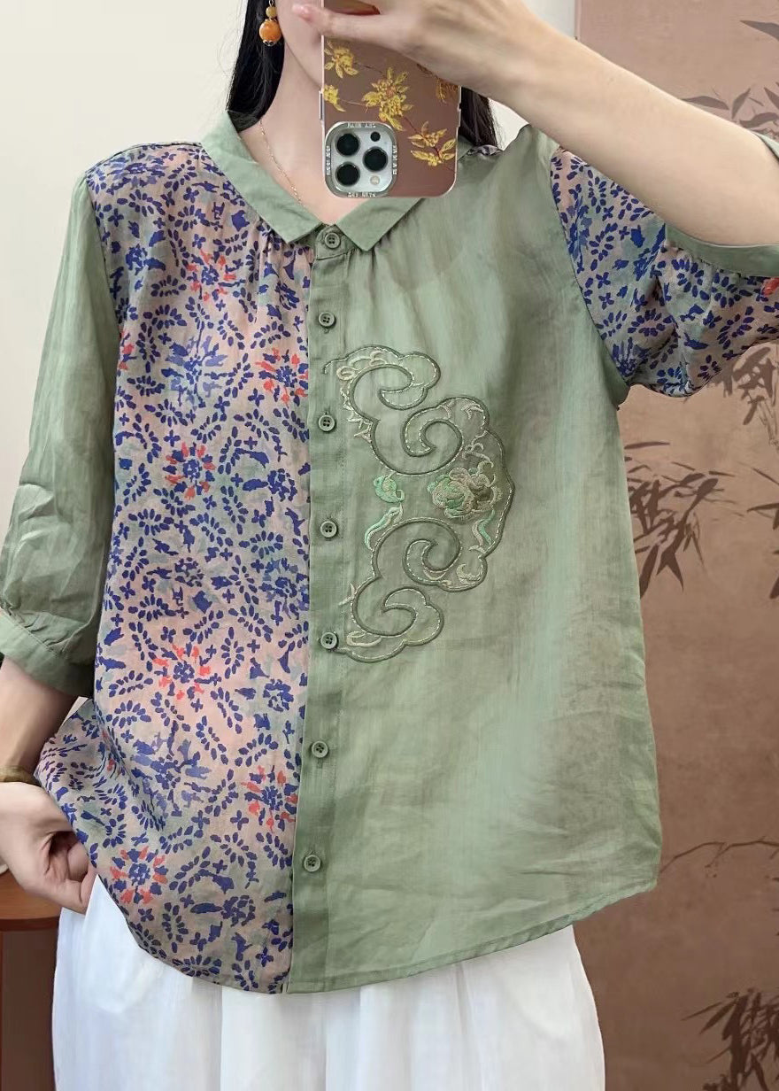 Natural Pink O-neck Embroidered Patchwork Print Linen Top Spring