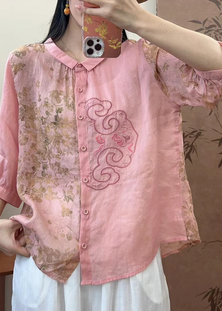 Natural Pink O-neck Embroidered Patchwork Print Linen Top Spring