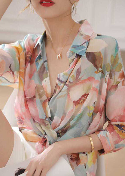 Natural Pink Peter Pan Collar Print Silk Top Bracelet Sleeve