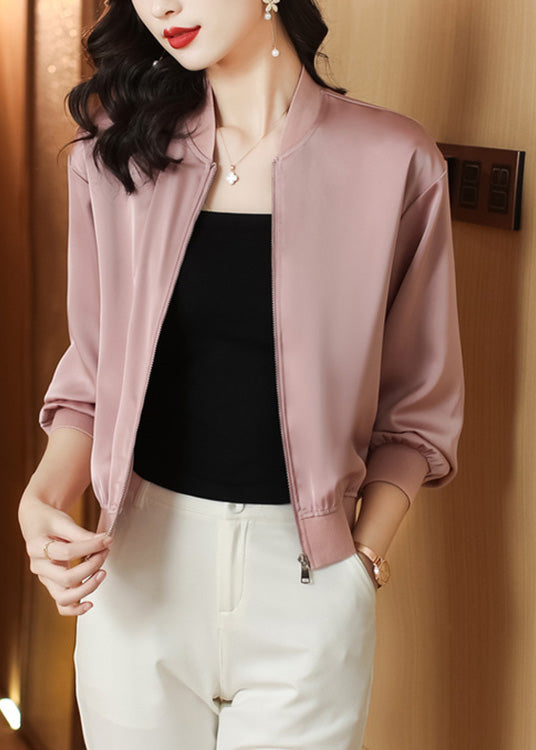 Natural Pink Stand Collar Zippered Coats Long Sleeve