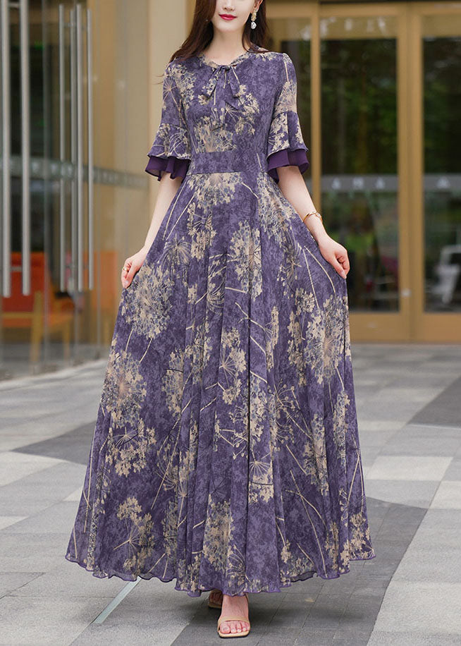 Natural Purple O-neck Print Patchwork High Waist Chiffon Maxi Beach Dresses Half Sleeve