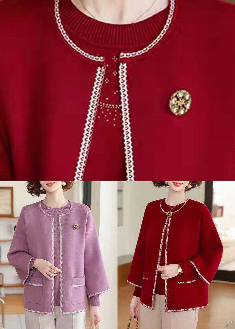 Natural Purple Patchwork Pockets Cotton Knit Cardigans and Sweater Two-piece Set Spring