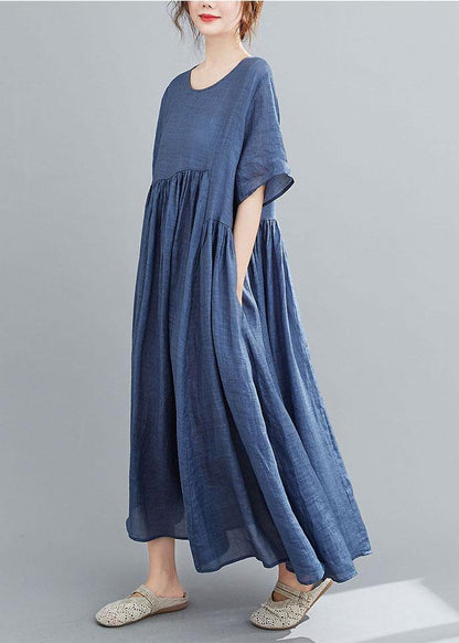 Natural Deep Purple Flowers Pockets Short Sleeve Robe Cotton Linen Dresses