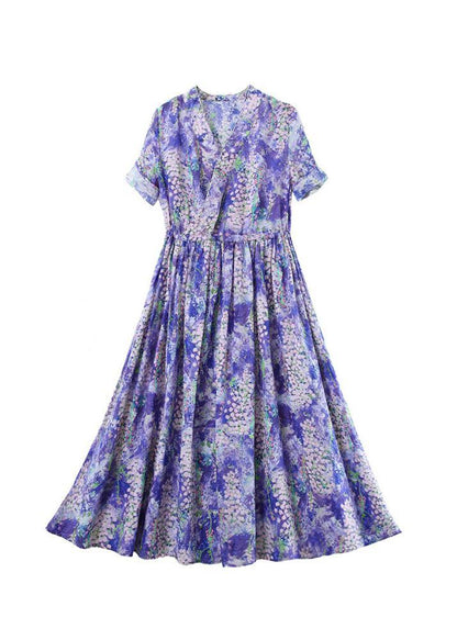 Natural Purple Print Dresses V Neck Drawstring Summer Dresses