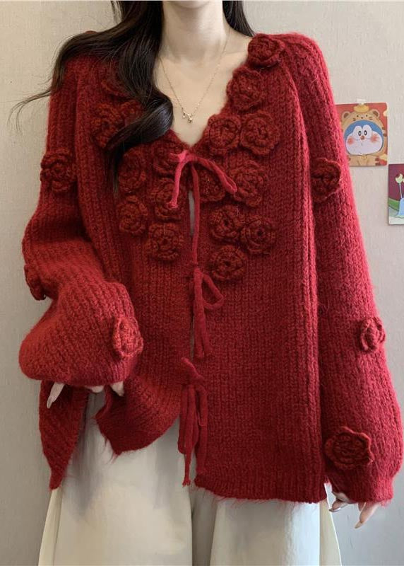 Natural Red Decorated Warm Knit Cardigans Fall
