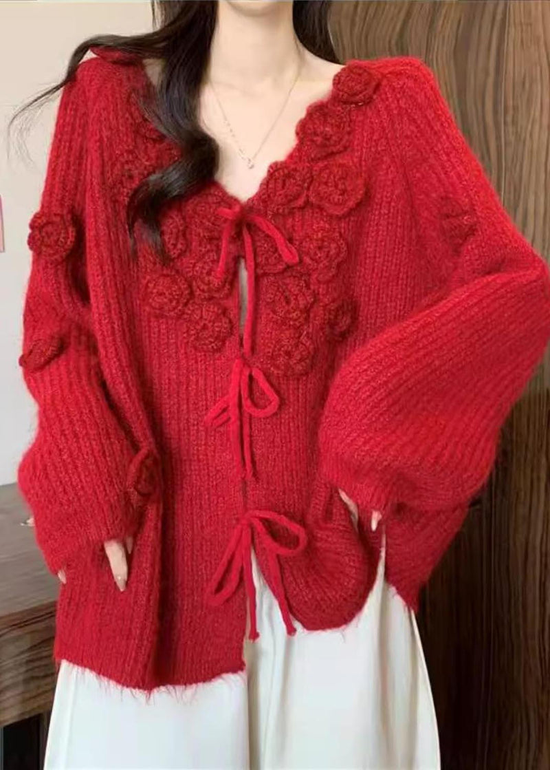 Natural Red Decorated Warm Knit Cardigans Fall