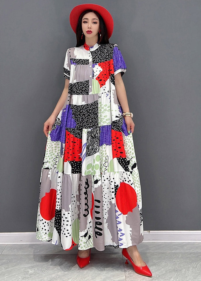 Natural Red O-neck Print Chiffon Ankle Dress Short Sleeve