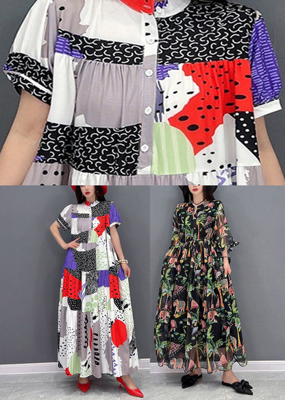 Natural Red O-neck Print Chiffon Ankle Dress Short Sleeve
