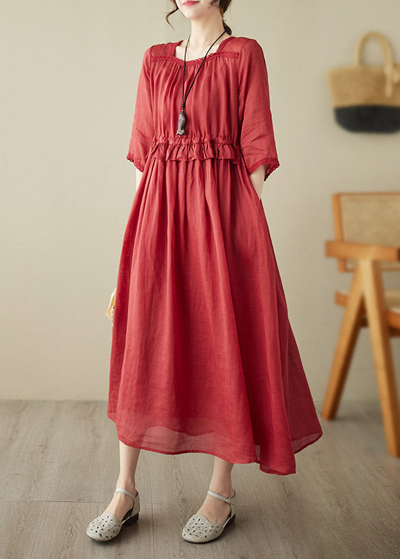 Natural Red O-neck Ruffled Patchwork Tunic Chiffon Long Dress Short Sleeve