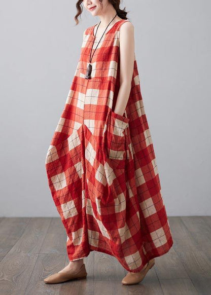 Natural Red Plaid Sleeveless Pockets Summer Dress