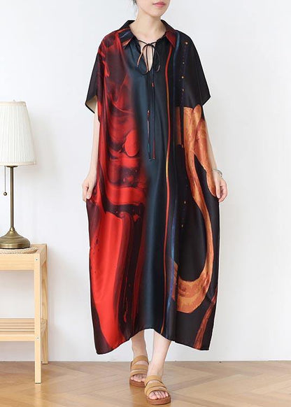 Natural Red Print Peter Pan Collar Summer Chiffon Dress