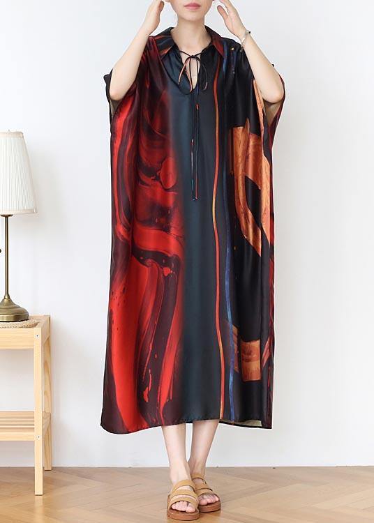 Natural Red Print Peter Pan Collar Summer Chiffon Dress