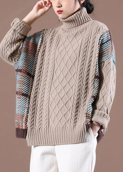 Natural Rose Patchwork High Neck Fall Knit Sweater