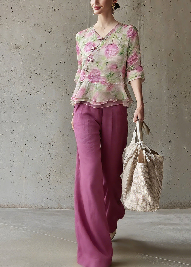 Natural V Neck Print Top and Pants Two Pieces Set Spring