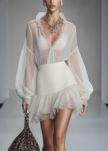 Natural V Neck Tunic Chiffon Mid Dress Spring
