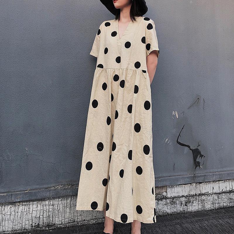 Natural V Neck Wrinkled Spring Tunics Work Outfits Dotted Long Dresses