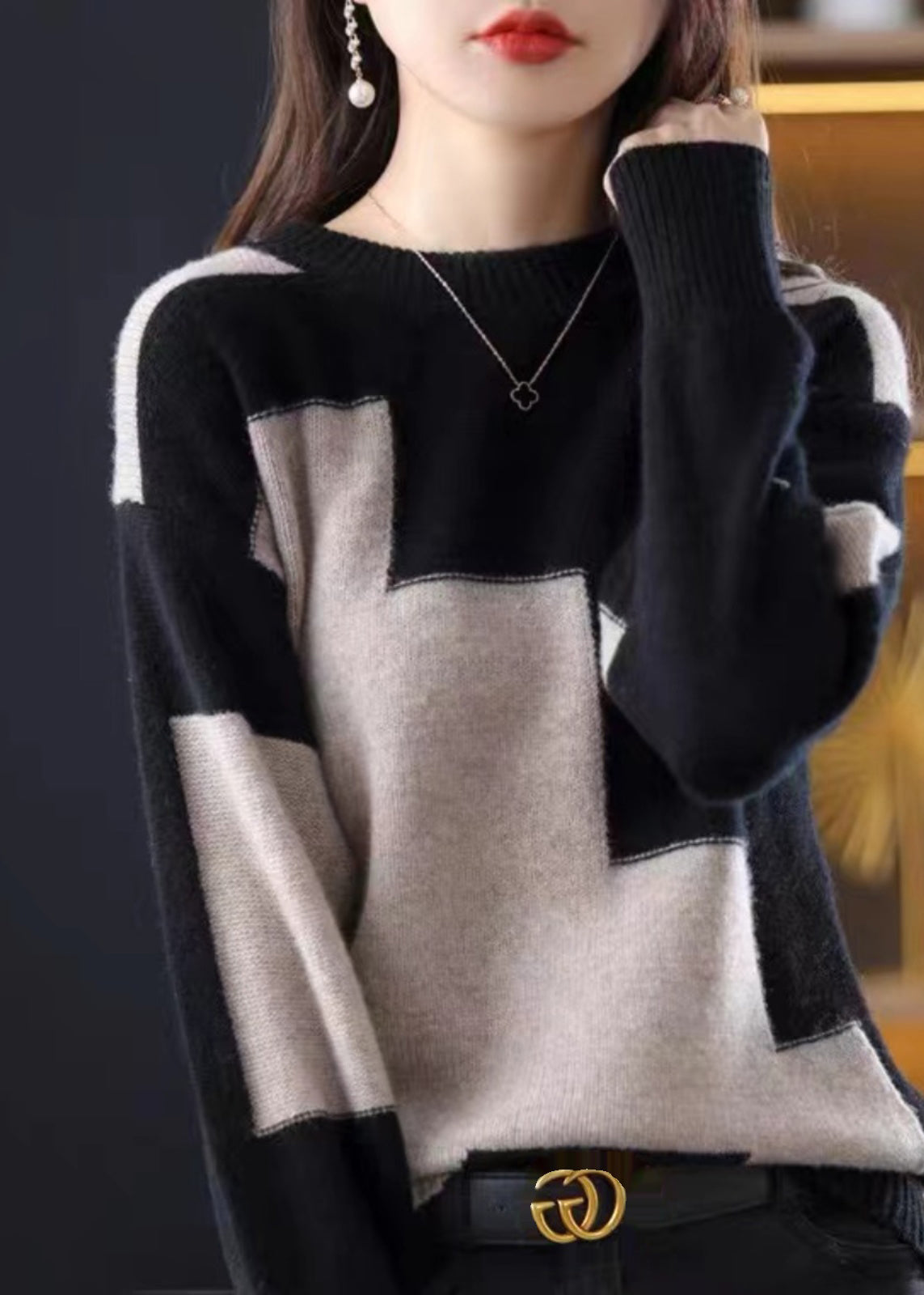 Natural White O-neck Patchwork Thick Cashmere Knit Sweater Fall