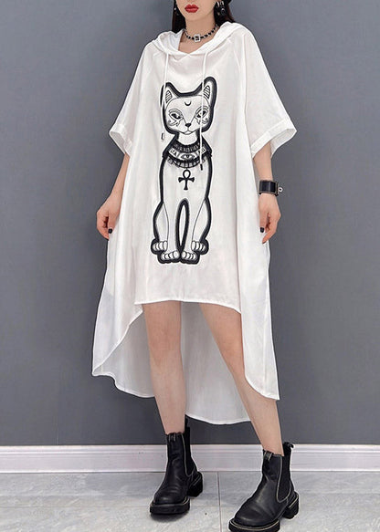 Natural White O-neck Print Low High Design Chiffon Hooded Dress Three Quarter Sleeve