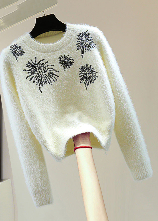 Natural White O-neck Sequins Thick Cotton Knit Sweater Winter