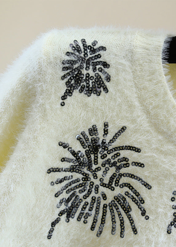 Natural White O-neck Sequins Thick Cotton Knit Sweater Winter