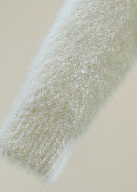 Natural White O-neck Sequins Thick Cotton Knit Sweater Winter