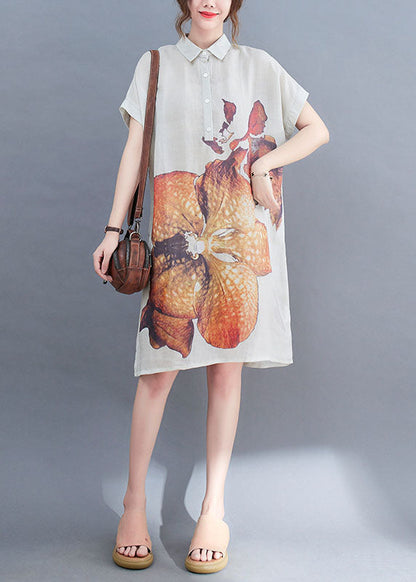 Natural White Peterpan Collar Button Print Summer Short Sleeve Dress