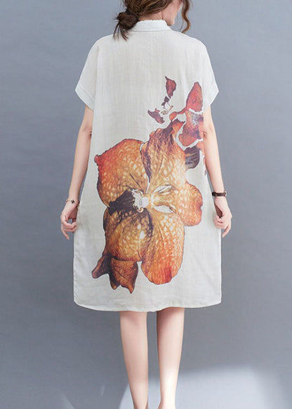 Natural White Peterpan Collar Button Print Summer Short Sleeve Dress