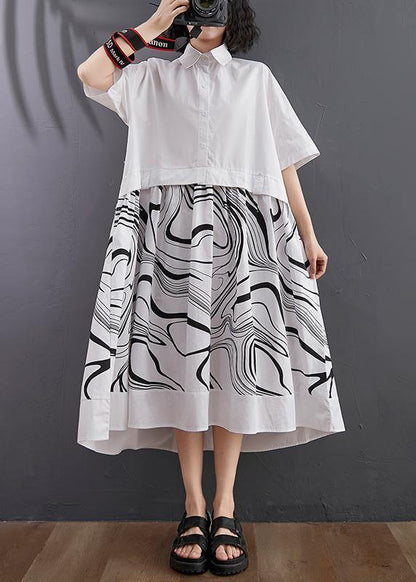 Natural White Print Patchwork Button Mid Dress Summer