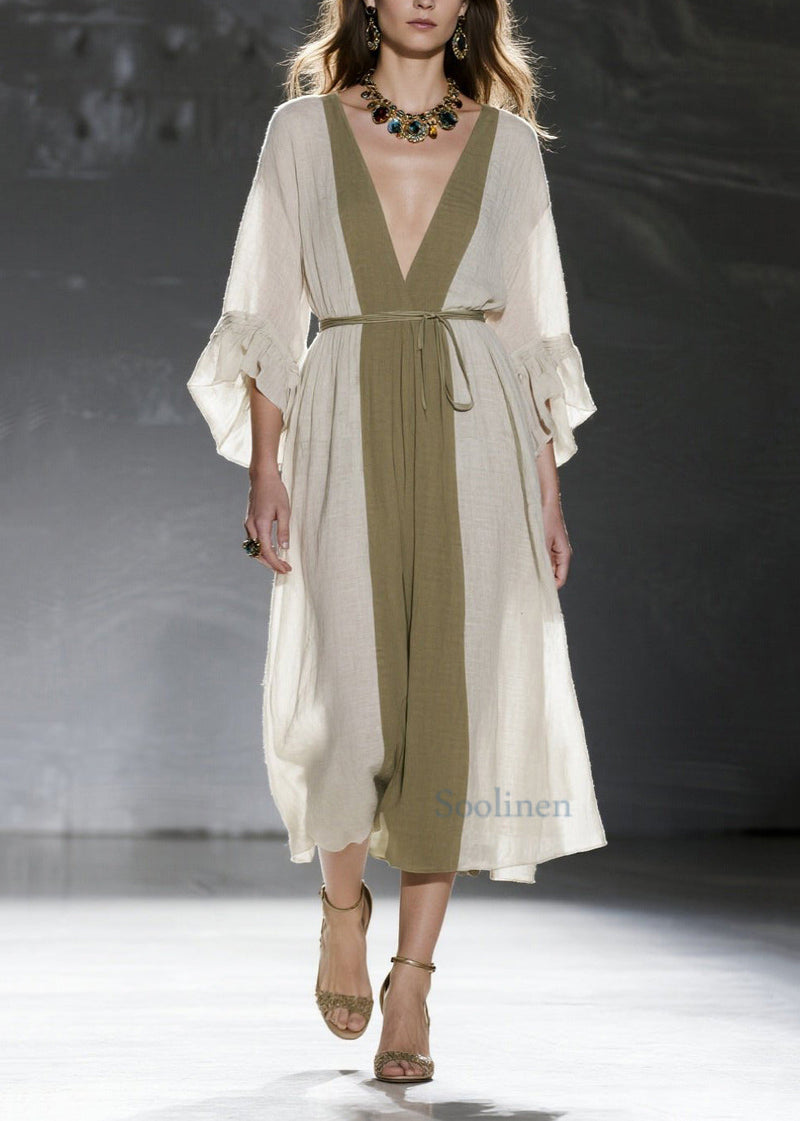 Natural White V Neck Patchwork Cotton Tunic Dresses Summer