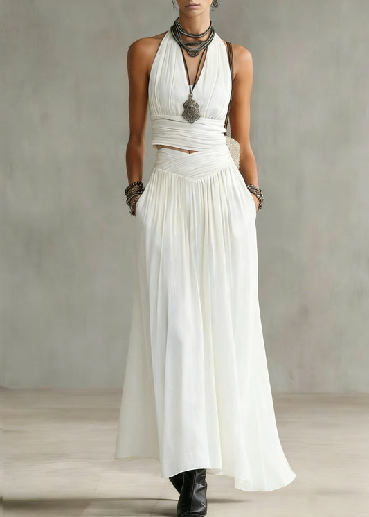 Natural White V Neck Wrinkled Top and Maxi Skirts Two Pieces Set Summer