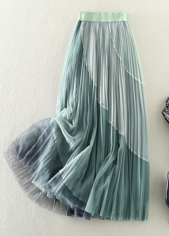 Natural Yellow Elastic Waist Patchwork Tulle Pleated Skirts Spring