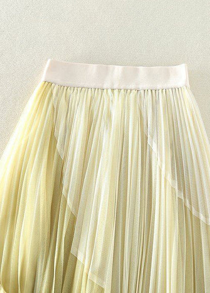 Natural Yellow Elastic Waist Patchwork Tulle Pleated Skirts Spring