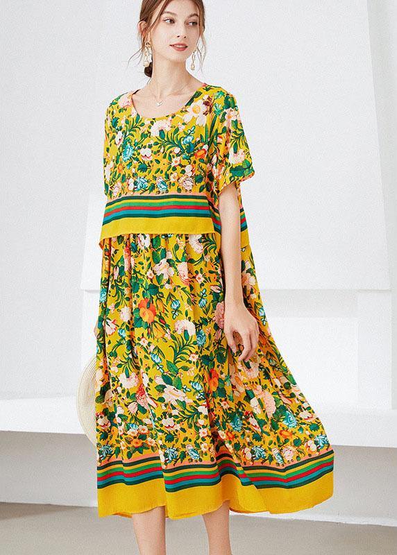 Natural Yellow Loose O-neck Print Summer Robe Dresses Half Sleeve