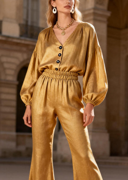 Natural Yellow Patchwork Button Shirts and Flared Trousers Two Pieces Set Lantern Sleeve