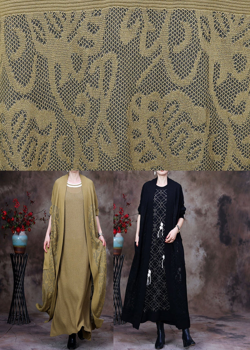 Natural Yellow V Neck Knit Linen Cardigans Long Sleeve
