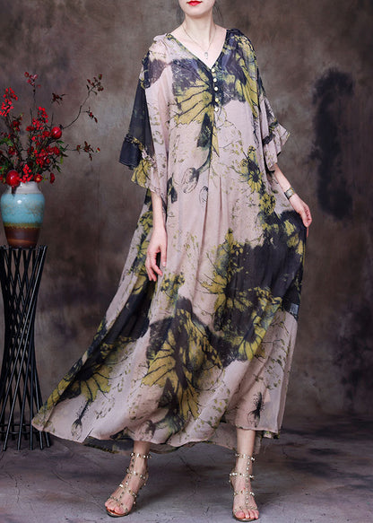 Natural Yellow V Neck Print Chiffon Long Dress and Cotton Spaghetti Strap Dress Sets 2 Pieces Half Sleeve